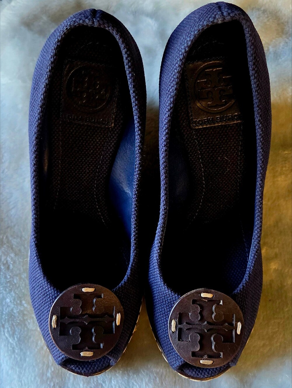 Tory Burch Navy Canvas Logo Round-Toe Espadrille Wedges.